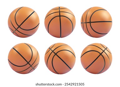 Basketball ball 3d pictogram set. Orange gold sticker for basket hoop game. Streetball realistic texture vector render. Trophy winner sport player equipment. Round shape rubber ring skill tournament