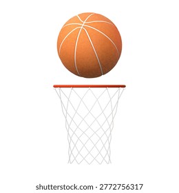 Basketball ball above the basketball ring realistic 3D vector illustration. Professional sports equipment for team game. Cartoon render athletic sport game brown rubber ball with basketball hoop