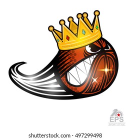 Basketball ball angry character with golden crown. Sport logo for any team or competition isolated on white