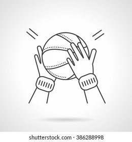 Basketball ball in athlete hands. Slam dunk concept sign.  Play game. Flat thin line style vector icon. Single design element for website, business.