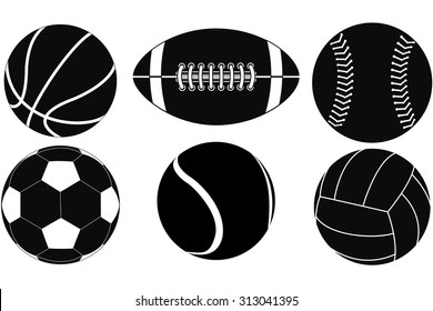 Basketball ball, Baseball ball, American football ball, Volleyball, Soccer ball, Tennis ball. Vector drawing isolated on white background