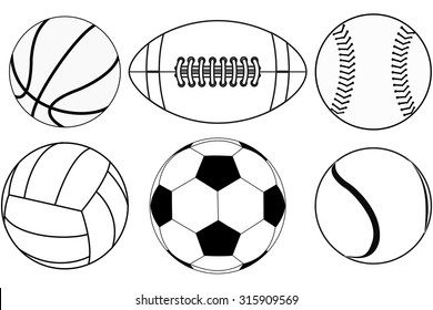 Basketball ball, Baseball ball, American football ball, Volleyball, Soccer ball, Tennis ball. Vector drawing isolated on white background