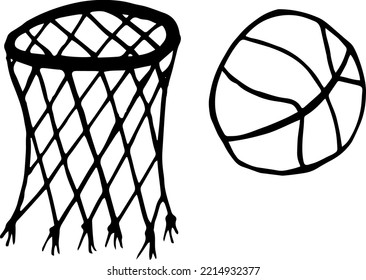 Basketball ball and basket ketch doodle icon, vector illustration.