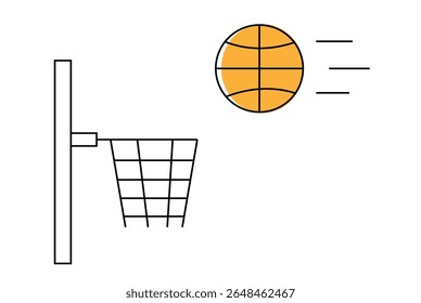 Basketball Ball and Basket Line Art Isolated on White. Sports activities and recreation vector art, tournament or competition idea