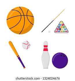 Basketball ball, billiards balls and cue, baseball bat and ball, bowling ball and skittle sport set flat style design vector illustration icon signs isolated on white background. 