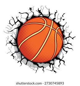 Balón de baloncesto rompiendo la pared. Plantilla deportiva de Vector sobre fondo transparente