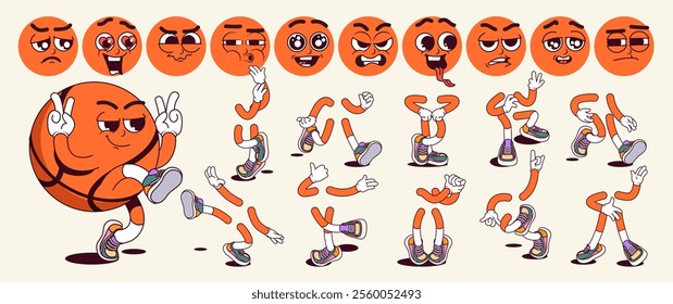 Basketball ball cartoon character with groovy comic faces set. Funny mascot with bundle of happy, smile, angry and other facial emotions, jump and walk legs poses, hands gestures. Vector illustration.