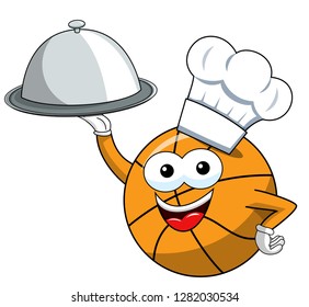 basketball ball cartoon funny character cook serving tray food isolated on white