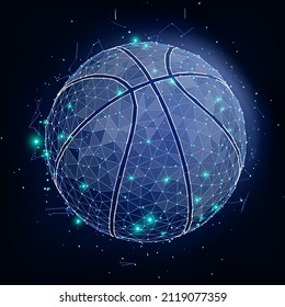 Basketball ball consisting of 3D triangles, lines, points and links. Vector illustration of EPS 10.