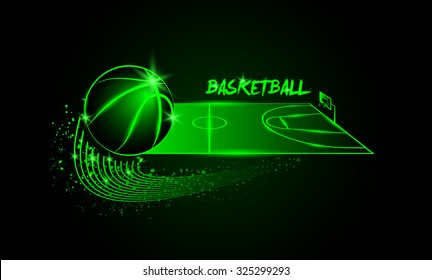 Basketball ball and basketball court in horizontal perspective. Neon linear illustration