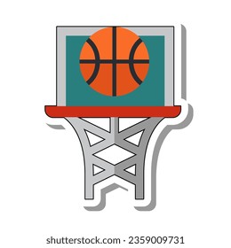 Basketball ball falling flat paper sticker icon. Hoop net and backboard, sports equipment for active sports and body strengthening isolated on white background. Sport, healthy lifestyle concept