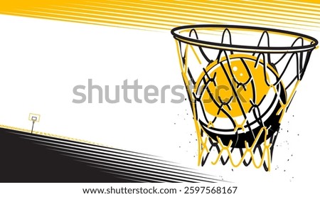 A basketball ball falls through hoop for scoring point. The sport concepts
