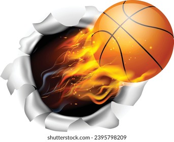 A basketball ball with flames and fire breaking through the background