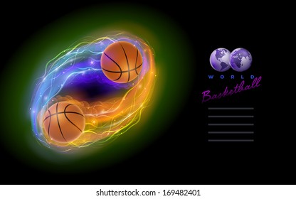 Basketball ball in flames and lights against black background. Vector illustration and design template.