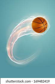 Basketball ball in flames and lights against blue background. Vector illustration.