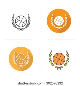 Basketball ball flat design, linear and color icons set. Basketball competition emblem. Contour and long shadow symbols. Basketball ball with laurel wreath logo concepts. Isolated vector illustrations