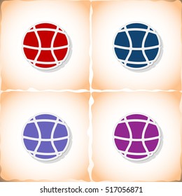 Basketball ball. Flat sticker with shadow on old paper. Vector illustration