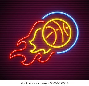 Basketball ball fly and burn as comet neon sign for sporting club or stadium. Vector illustration.