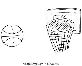 Basketball ball flying in the basket. Sport motive. Children's style vector. Can use for printing
