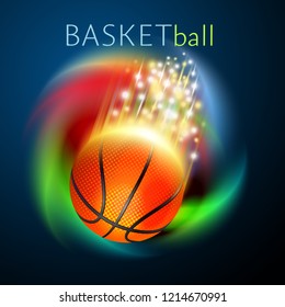 basketball ball flying over rainbow background. Bright and shiny vector motion effects.