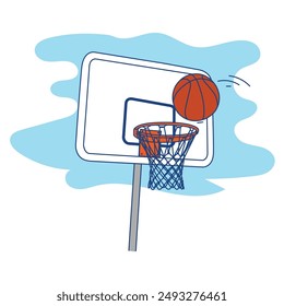 Basketball ball flying towards basketball hoop. Vector illustration.