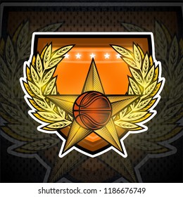 Basketball ball with golden wreath in center of star on shield. Sport logo for any team or competition