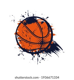 Basketball ball with grunge spots vector icon, sports accessory, equipment for playing game. Championship or tournament competition label, grungy design element, emblem isolated on white background