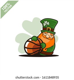 Basketball ball happy Saint Patrick's Day theme. Cartoon character with green hat illustration vector logo.