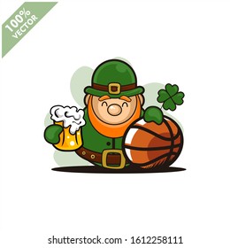 Basketball ball happy Saint Patrick's Day theme. Cartoon character with green hat illustration vector logo.