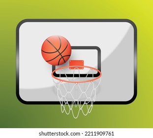 Basketball ball hitting in basket hoop on green background, sports accessory, equipment for playing game, championship or competition, design element. Realistic 3d vector illustration