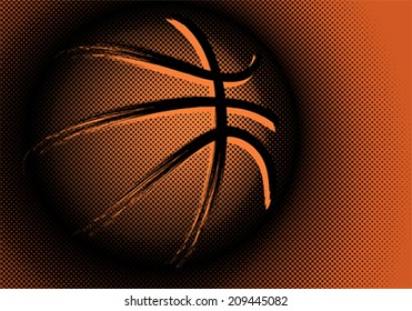Basketball ball with hoop and net, hand drawn grunge effect on halftone background. vector illustration art design 
