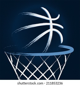 Basketball ball with hoop and net, hand drawn grunge effect on halftone background. vector illustration art design 