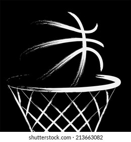 Basketball ball with hoop and net, hand drawn grunge effect on background. vector illustration art design 