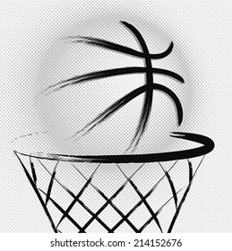 Basketball ball with hoop and net, hand drawn grunge effect on halftone background. Isolated vector illustration art design 