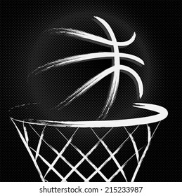 Basketball ball with hoop and net, hand drawn grunge effect on halftone background. Isolated vector illustration art design 