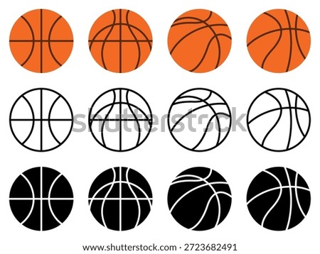 Basketball ball icon set featuring multiple line styles and color variations including orange white and black