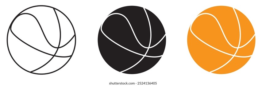 Basketball ball icon set - Line, Glyph, Outline, and Filled vector sports equipment symbols