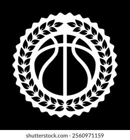 Basketball ball and laurel wreath. Sport games. Sporting equipment. Emblem, badge.