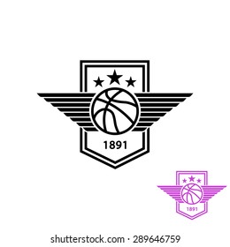 Basketball ball logo mockup with wings and stars, sports team emblem t-shirt print black and white minimal style.