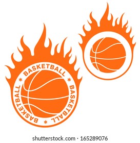 Basketball ball logo. Vintage style sign. Isolated basketball ball with fire on white background. Vector illustration EPS. Team sport emblem