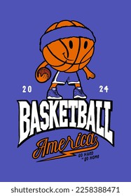 Mascota de baloncesto en la cabecera de la cama sosteniendo la pelota. Ilustración vectorial vintage de tipografía vintage del equipo de baloncesto.