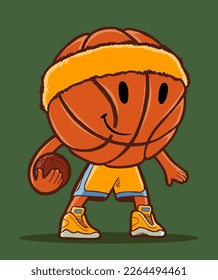 Basketball ball mascot in headband, shorts and sneakers isolated holding basketball ball.