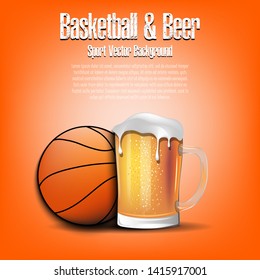 Basketball ball with mug of beer. Pattern for banner, poster, greeting card, party invitation, signboard, menu pub. Vector illustration