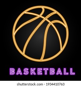 Basketball ball neon sign, modern glowing banner design, colorful trend of modern design on black background. Vector illustration.