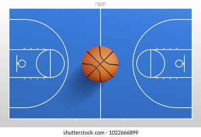 Basketball ball on blue  basketball field background. With line of court pattern and area. Vector illustration.