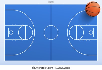 Basketball ball on blue  basketball field background. With line of court pattern and area. Vector illustration.