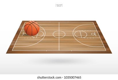 Basketball ball on basketball court with perspective view of wooden floor pattern and texture. Vector illustration.