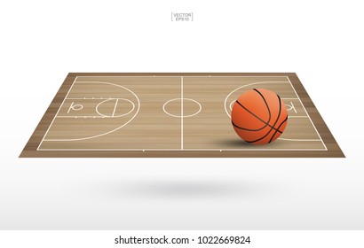Basketball ball on basketball court with wooden floor pattern and texture. Perspective view of basketball field for background. Vector illustration.
