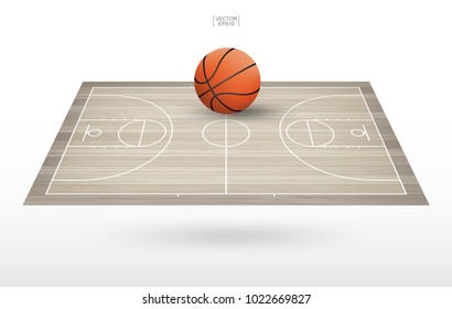 Basketball ball on basketball court with wooden floor pattern and texture. Perspective view of basketball field for background. Vector illustration.