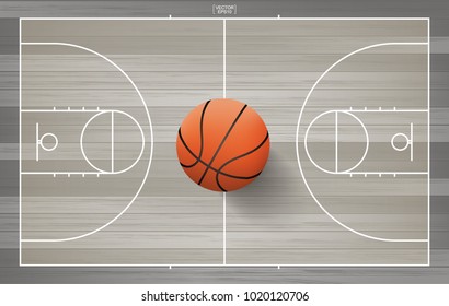 Basketball ball on basketball field background. Wooden basketball field with line court area. Vector illustration.